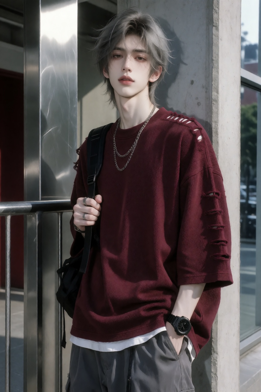 Chinese Xiaohongshu male fashion photography,  Douyin cool-boy editorial aesthetic,  effortlessly stylish urban candid on...