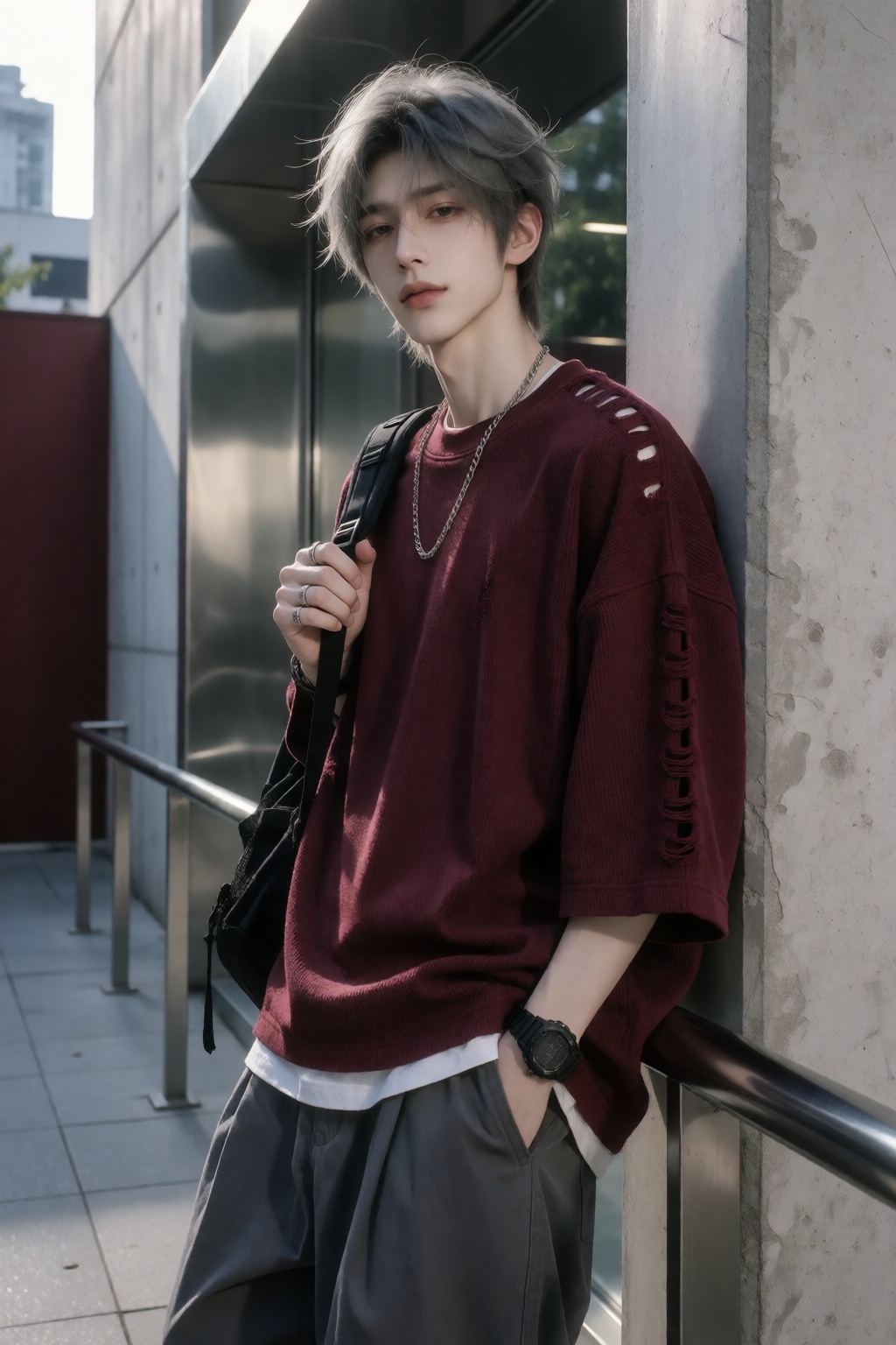 Chinese Xiaohongshu male fashion photography,  Douyin cool-boy editorial aesthetic,  effortlessly stylish urban candid on...