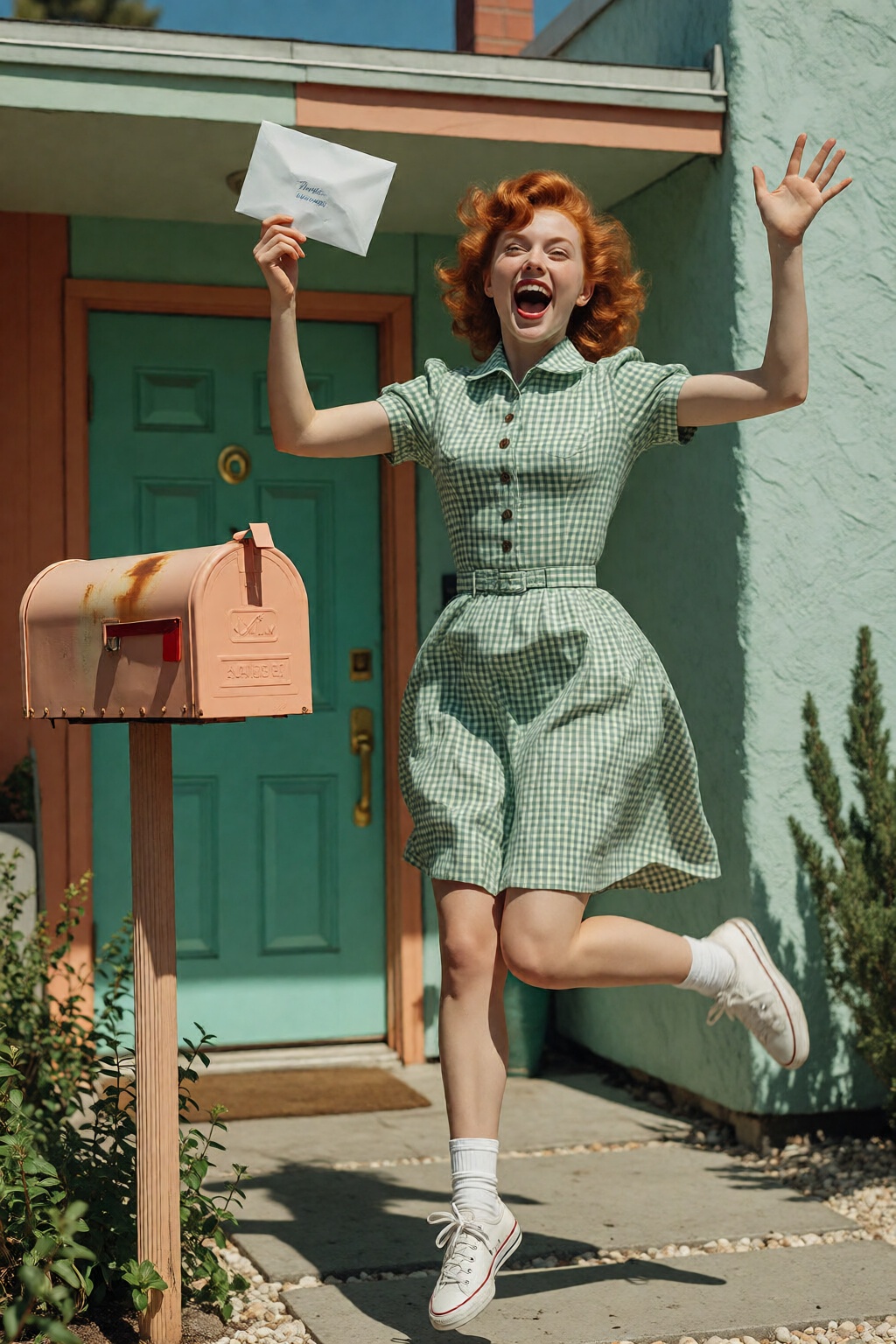 {"high_level_description":"A vibrant 1950s-style mid-shot of a joyful,  red-haired young woman in a green gingham dress ju...