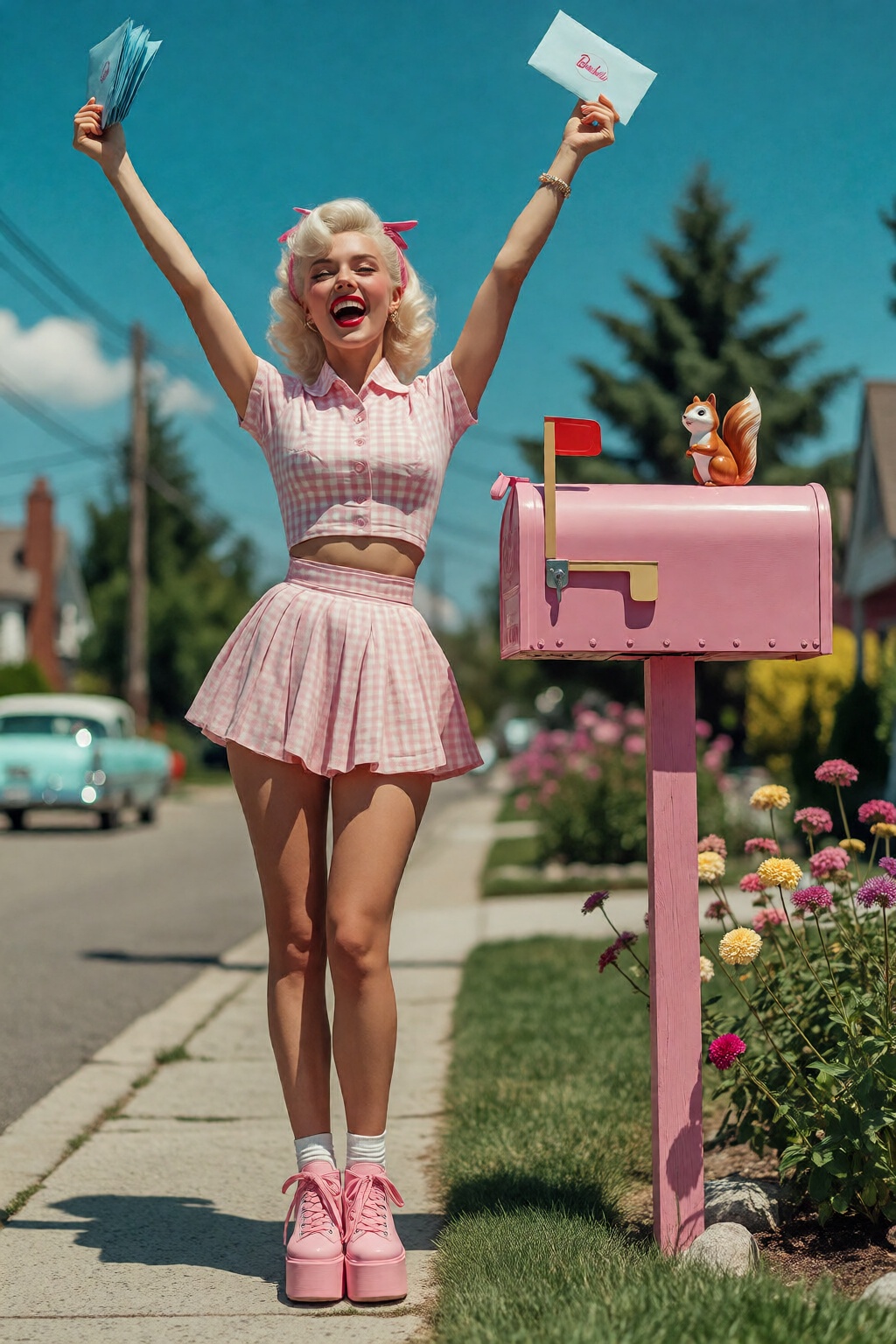 {"high_level_description":"A vibrant,  mid-century Americana photo of a joyful blonde woman in a pink gingham outfit. She...