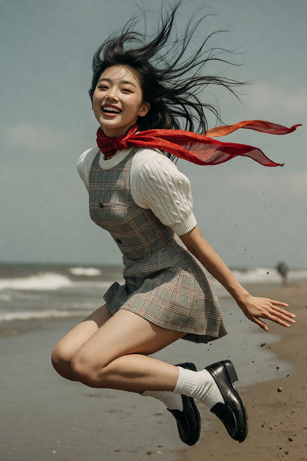{"high_level_description":"A dynamic,  high-shutter-speed fashion photograph of a young East Asian woman frozen mid-leap o...