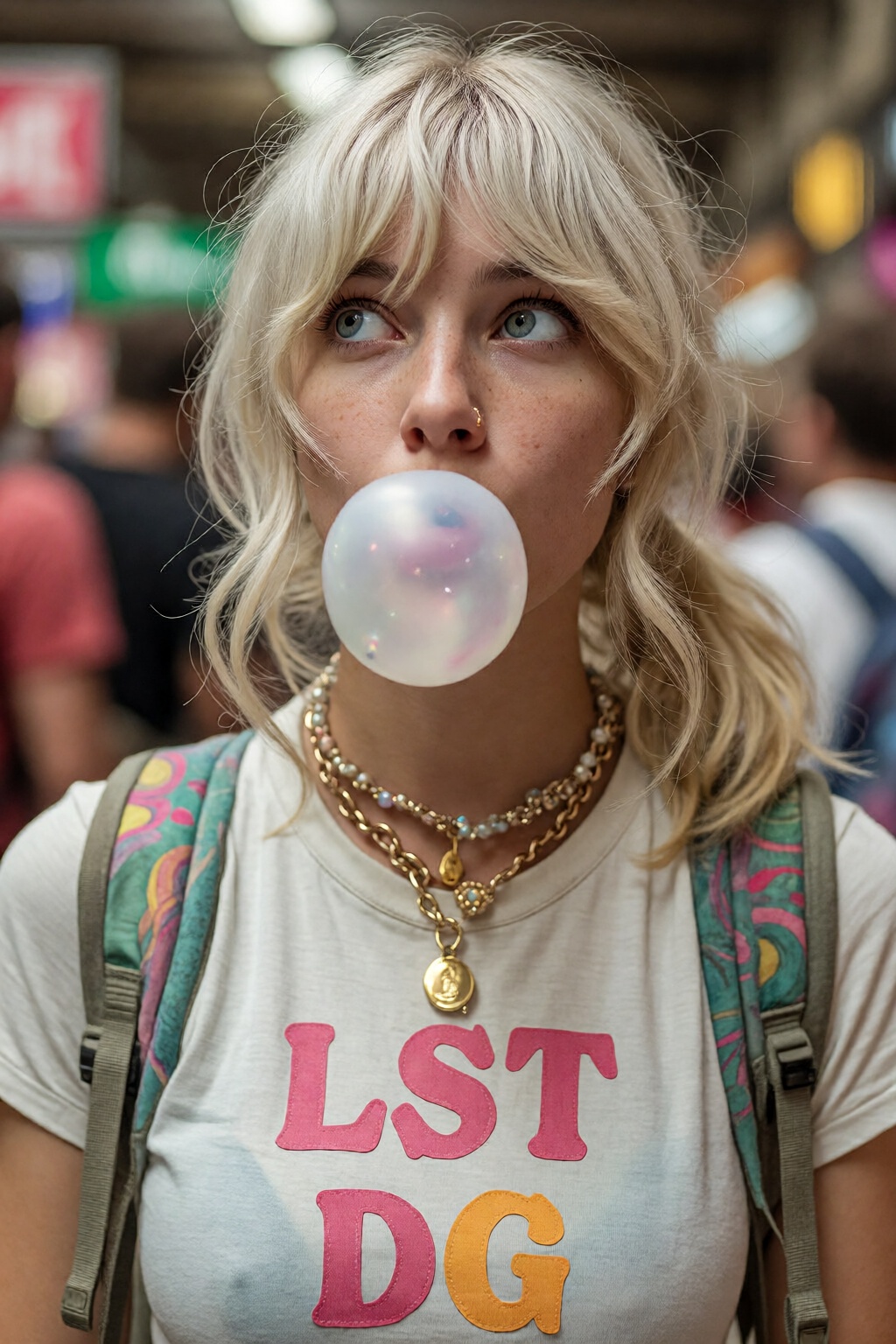 photojournalisticjson1k2e20. midjourneypastel13k2e8. Young American woman with long,  wavy blonde hair tied back,  is blow...