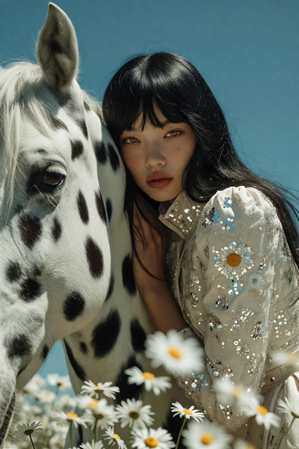 {"high_level_description":"A high-fashion cinematic close-up of a young East Asian woman with long black hair leaning agai...