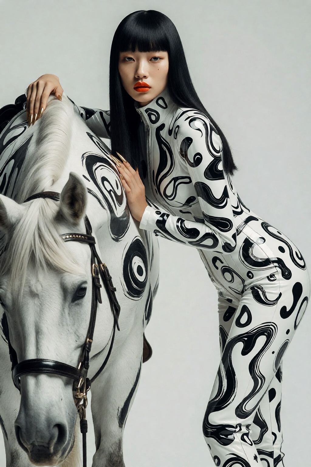 {"high_level_description":"A high-fashion editorial studio portrait featuring a woman in a surreal,  graphic black-and-whi...