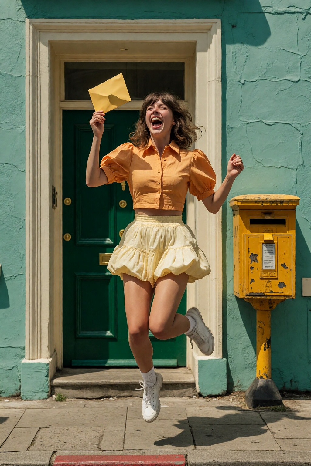 {"high_level_description":"A joyous young woman mid-air in a jubilant jump outside a teal London-style townhouse,  holding...