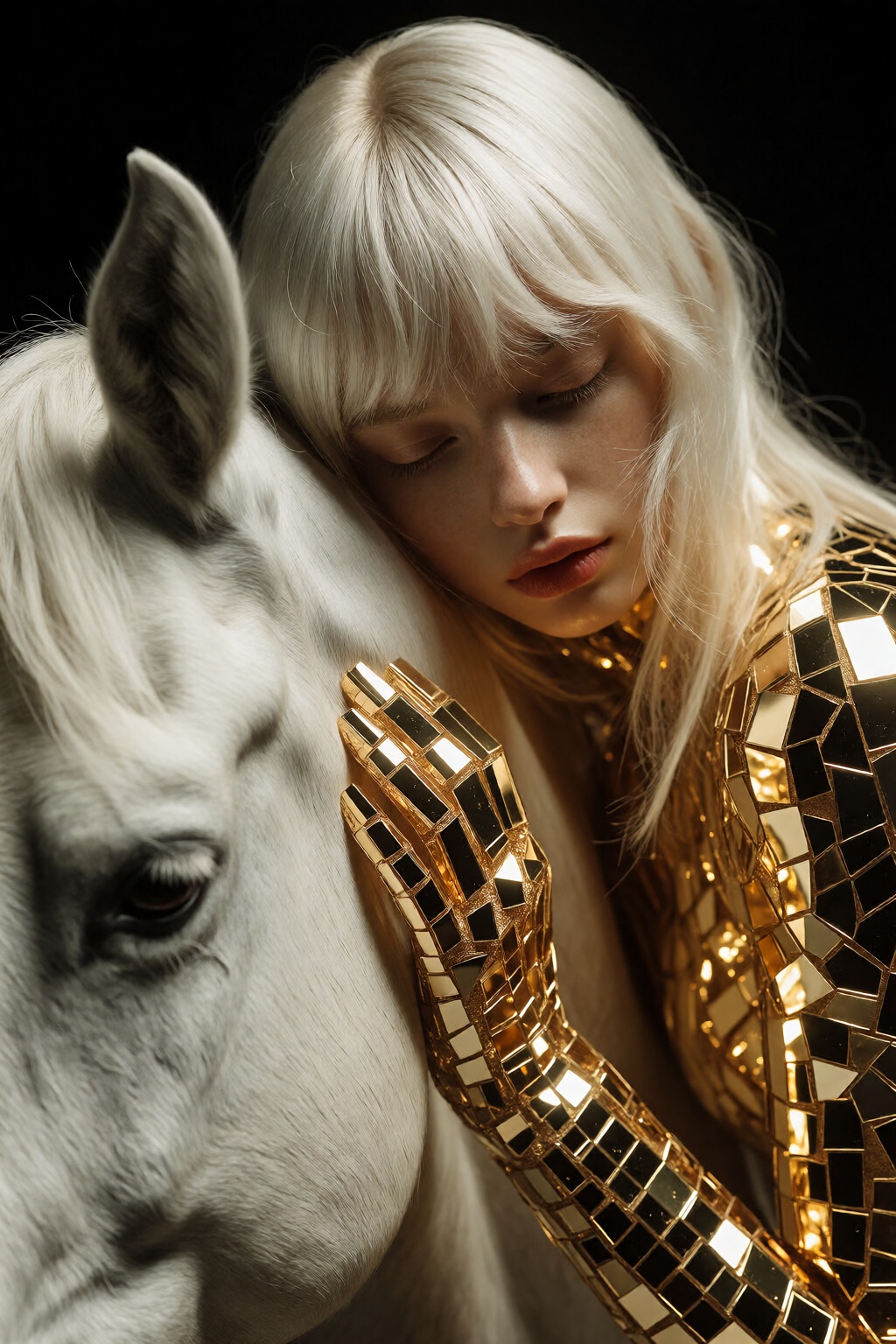 {"high_level_description":"Hyper-realistic cinematic close-up of a blonde woman embracing a white horse. The scene is defi...