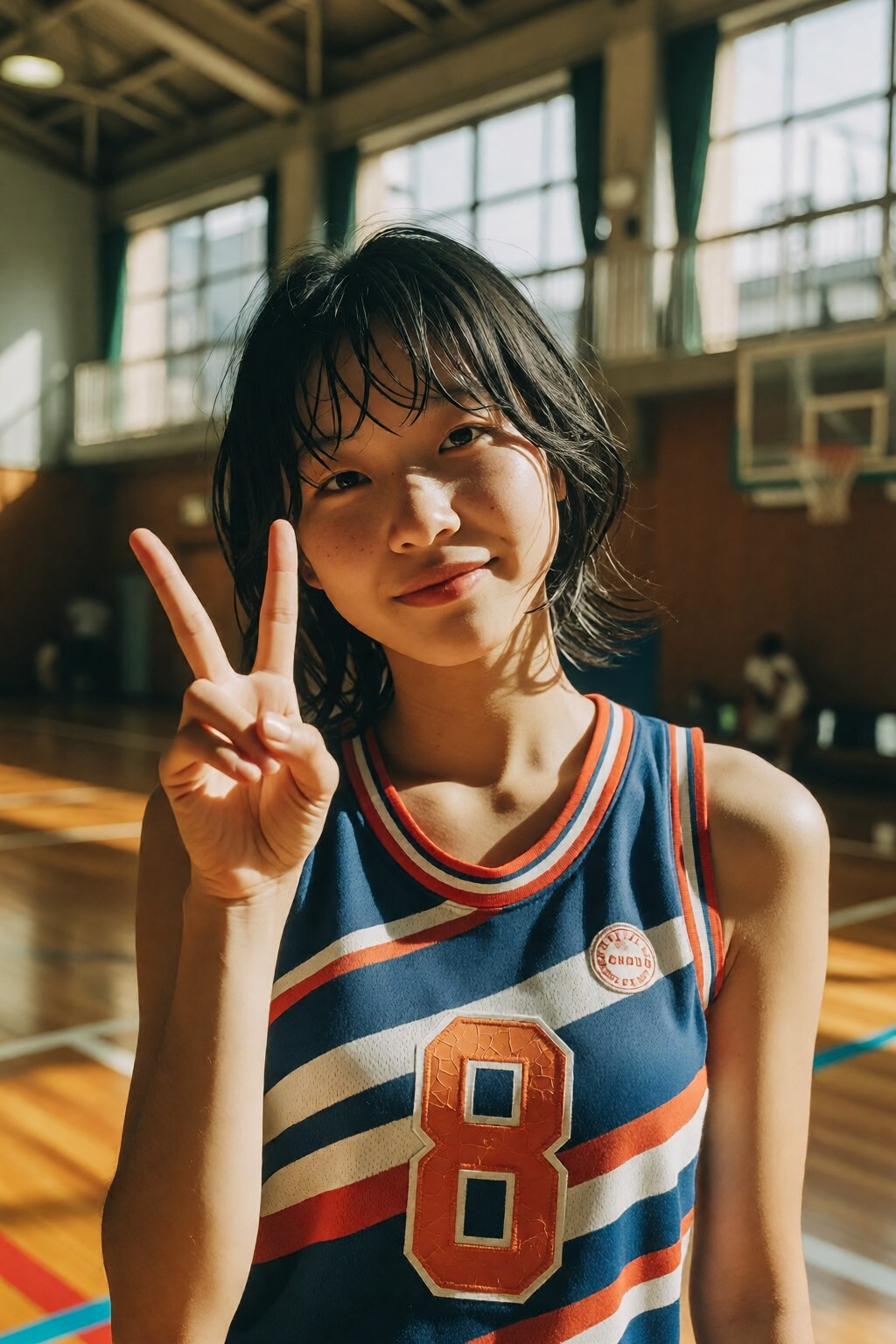 {"high_level_description":"Nostalgic 1990s film portrait of a young Japanese basketball player in a sun-drenched school gy...