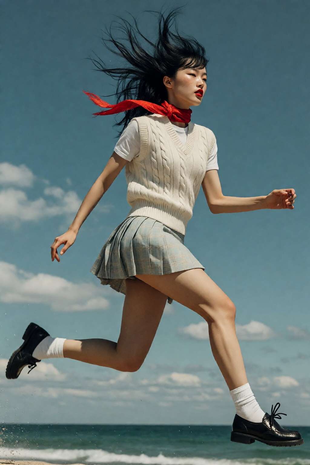 {"high_level_description":"A dynamic,  high-shutter-speed fashion photograph of a young East Asian woman leaping across a...