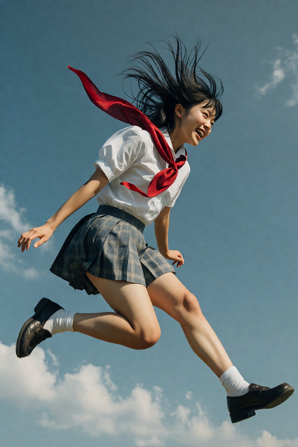 {"high_level_description":"A cinematic,  high-speed action photograph of a Japanese schoolgirl leaping through a clear blu...