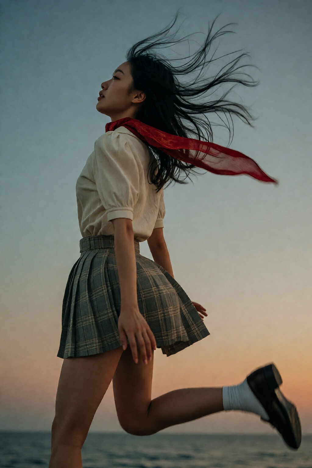 {"high_level_description":"A cinematic,  low-angle photograph of a young woman leaping into the air at dusk. Her long dark...