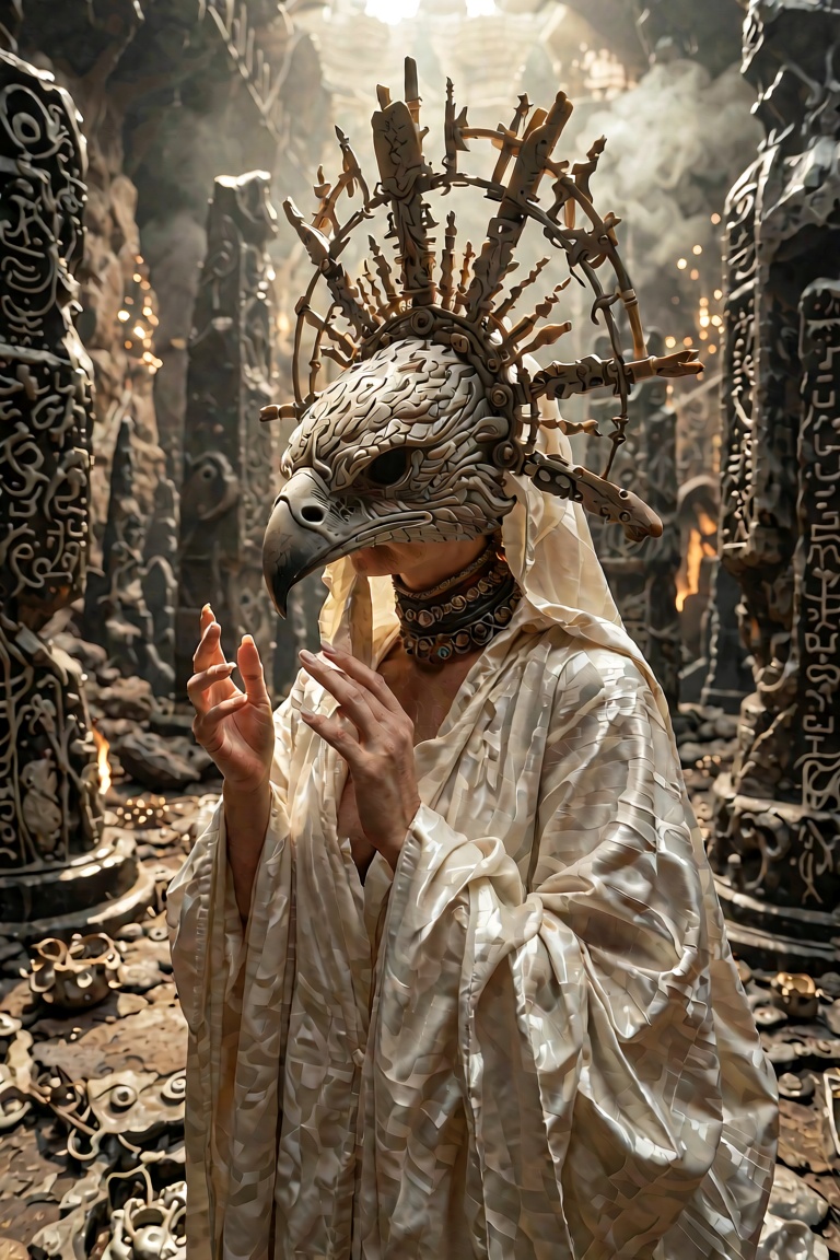 A figure cloaked in a flowing,  luminous ivory silk garment stands within a desolate ritual clearing surrounded by towerin...