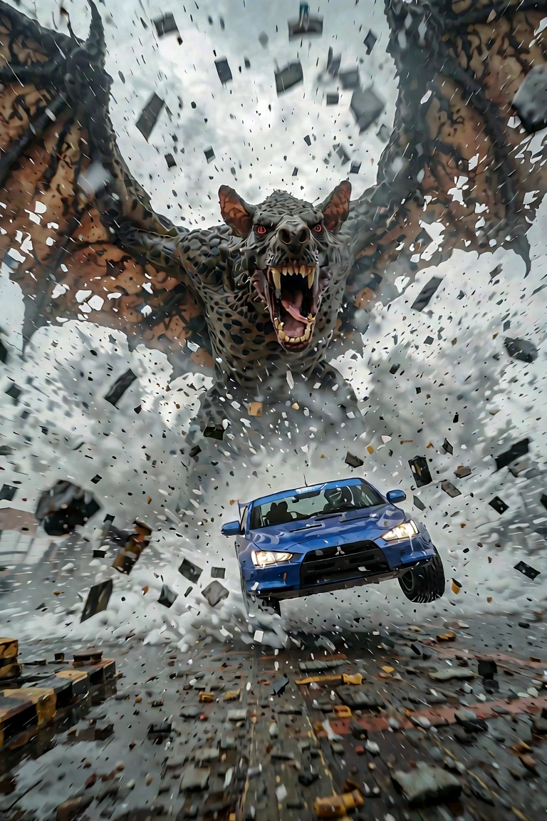 An intense action shot of a blue Mitsubishi Lancer Evolution X racing through a vortex of water and debris. A giant Kelawa...