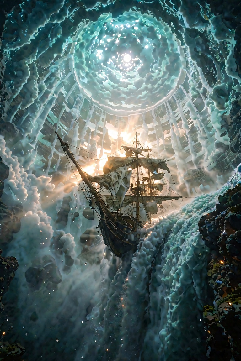 Deep within a colossal void filled with sapphire light in the ocean center,  a glowing circular sky extends toward heaven....