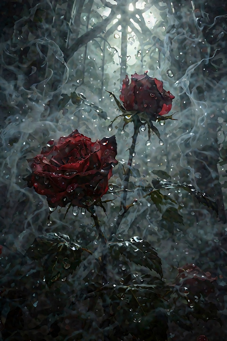 SomberFantasy. A painting of red roses,  their fragile petals heavy with water droplets that glimmer like captured moonlig...