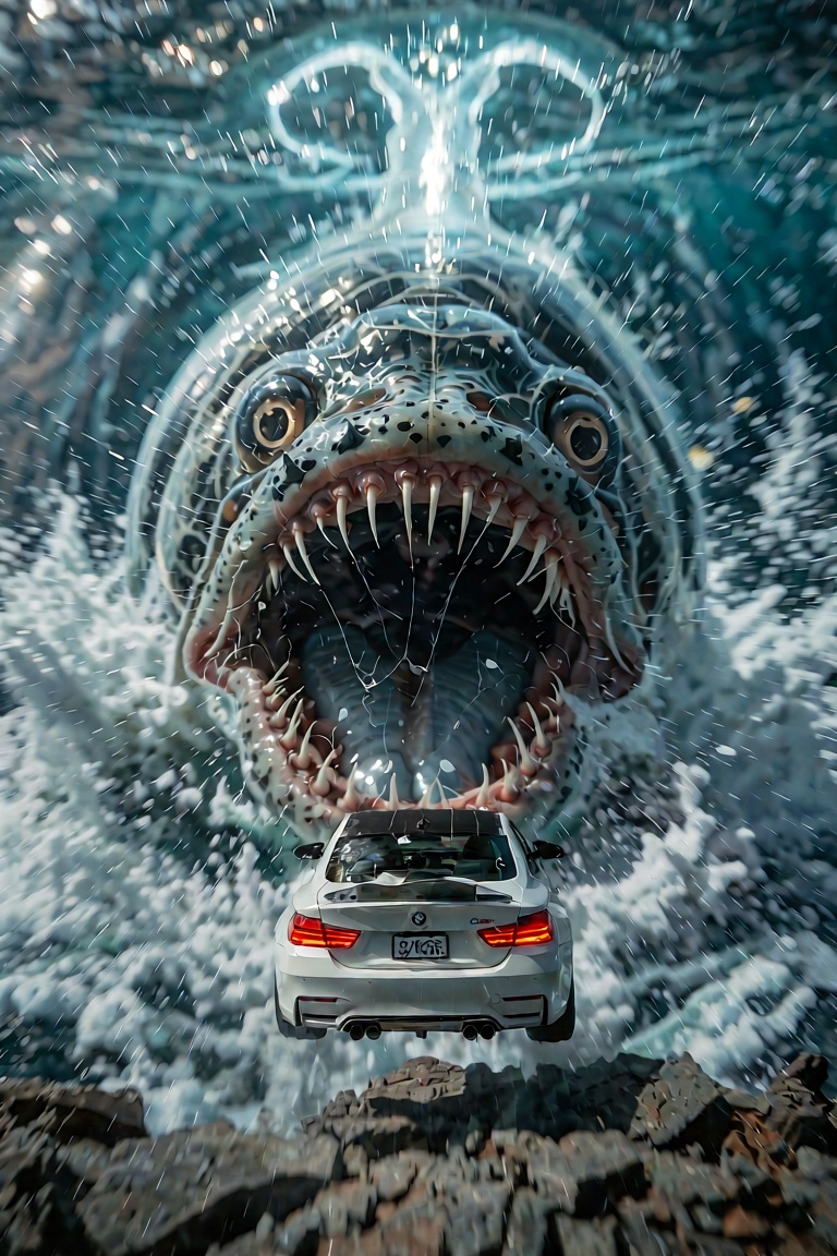 A ground-level tracking shot of a white BMW M4 airborne as it escapes a crumbling helipad. Behind it,  a terrifying deep-s...