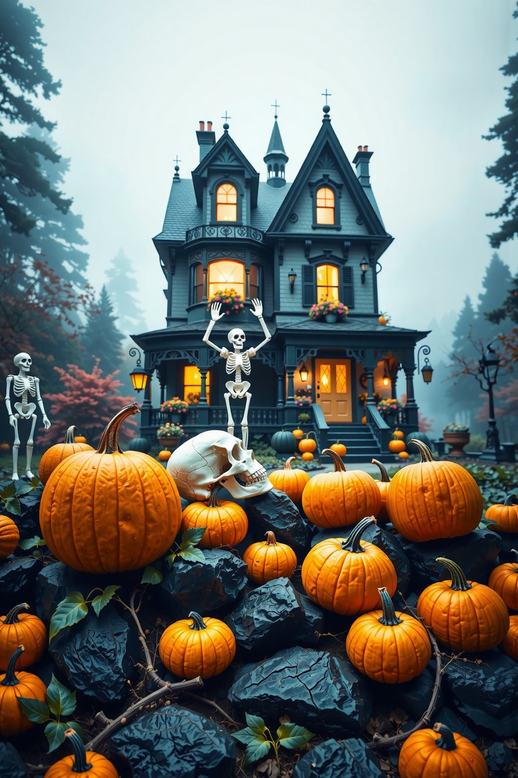 Photograph of a spooky Halloween night scene. In the foreground,  several bright orange pumpkins of varying sizes are arra...