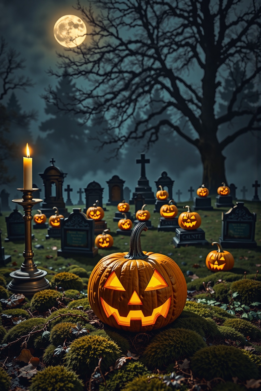 This photograph,  set in a spooky,  misty graveyard at night on Tensor.Art