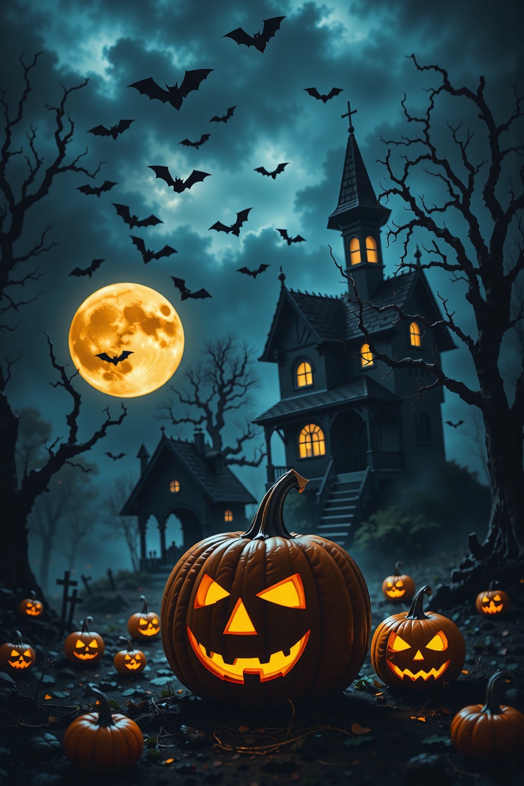 This is a dark and spooky Halloween-themed image featuring a haunted forest at night. The central focus is on a large,  gl...