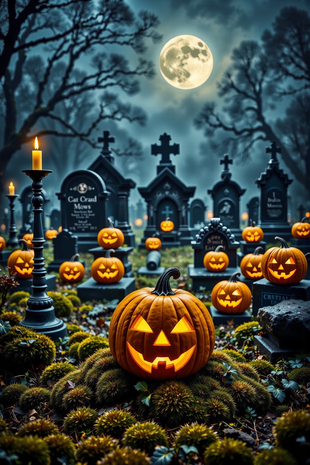 This photograph,  set in a spooky,  misty graveyard at night on Tensor.Art
