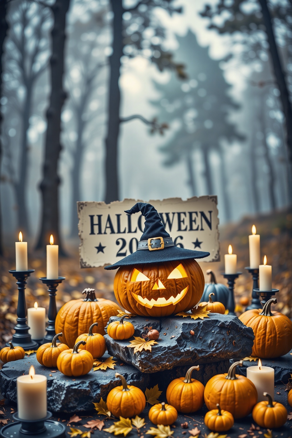 Photograph of a Halloween scene featuring a carved pumpkin with a glowing,  sinister smile,  sitting on a gray stone slab....