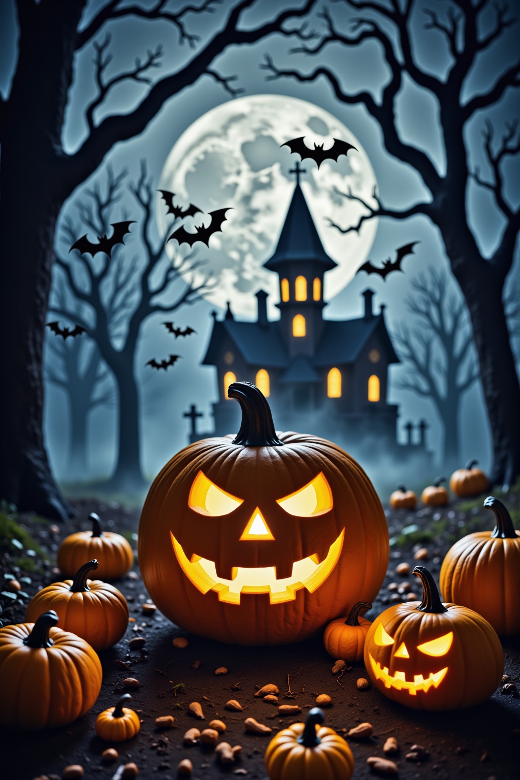 This is a dark and spooky Halloween-themed image featuring a haunted forest at night. The central focus is on a large,  gl...