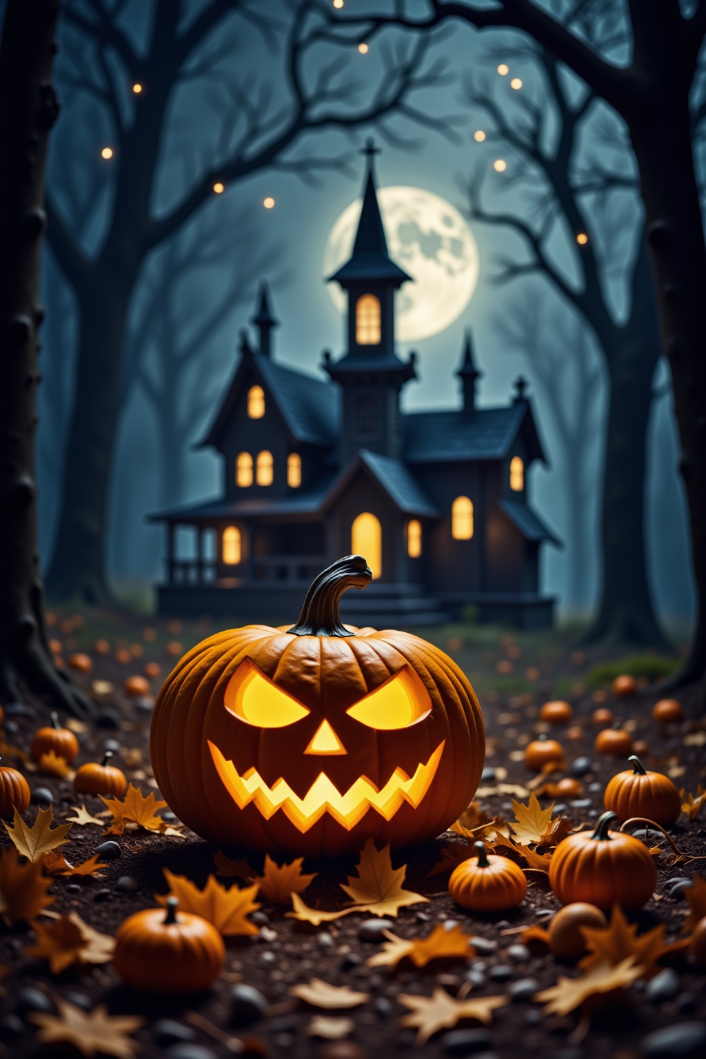 This is a photograph with a dark,  eerie autumn night scene. The focal point is a carved,  glowing jack-o'-lantern in the...