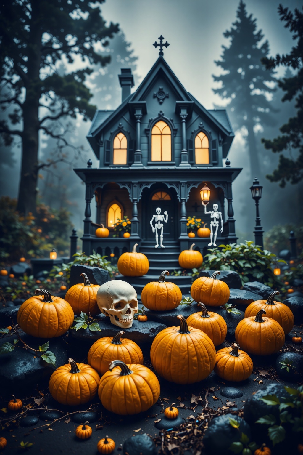 Photograph of a spooky Halloween night scene. In the foreground,  several bright orange pumpkins of varying sizes are arra...