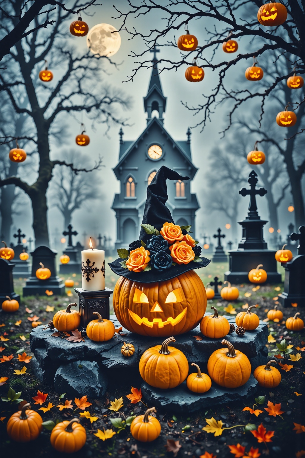 A photograph showcasing a Halloween-themed scene. A carved pumpkin with a glowing,  mischievous face sits atop a dark gray...