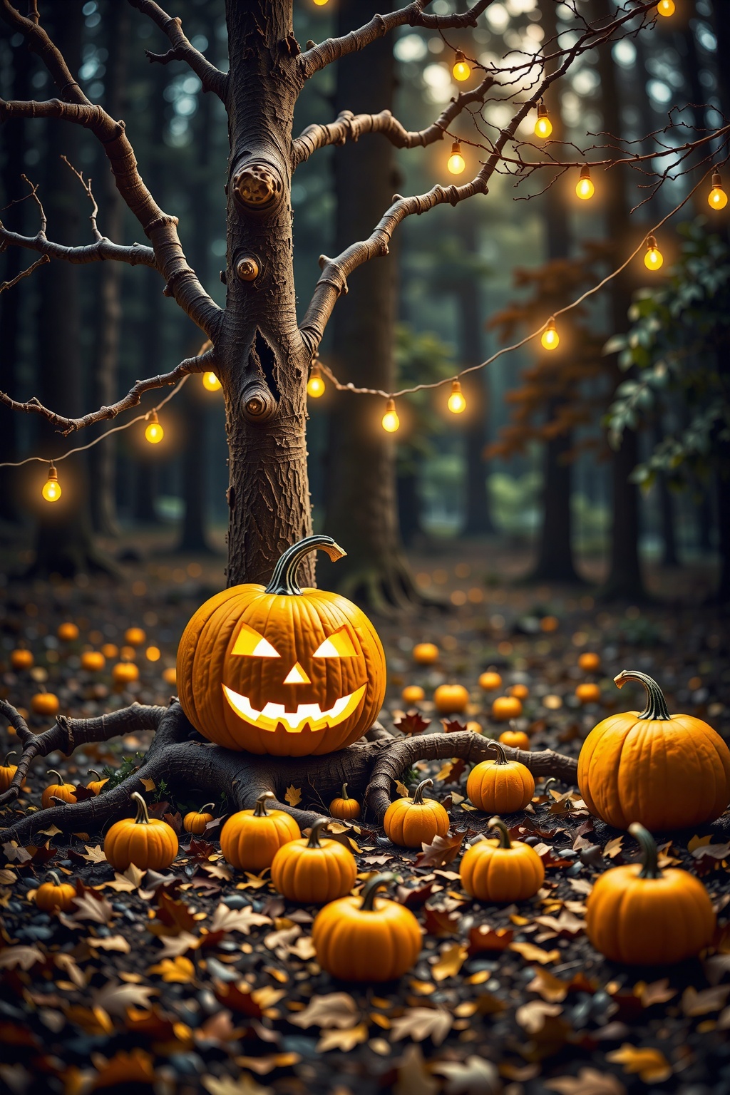 This photograph captures a rustic autumnal scene featuring a large,  carved jack-o'-lantern as the central subject. The pu...