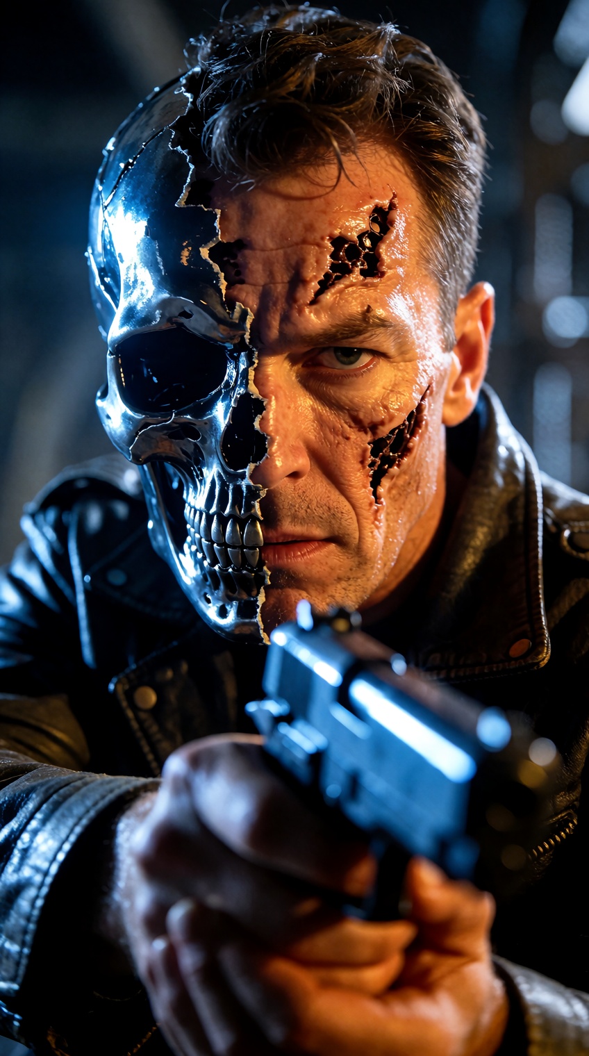 In a tense,  cinematic close-up,  a battle-damaged man with a stern expression aims a handgun directly forward. The right...