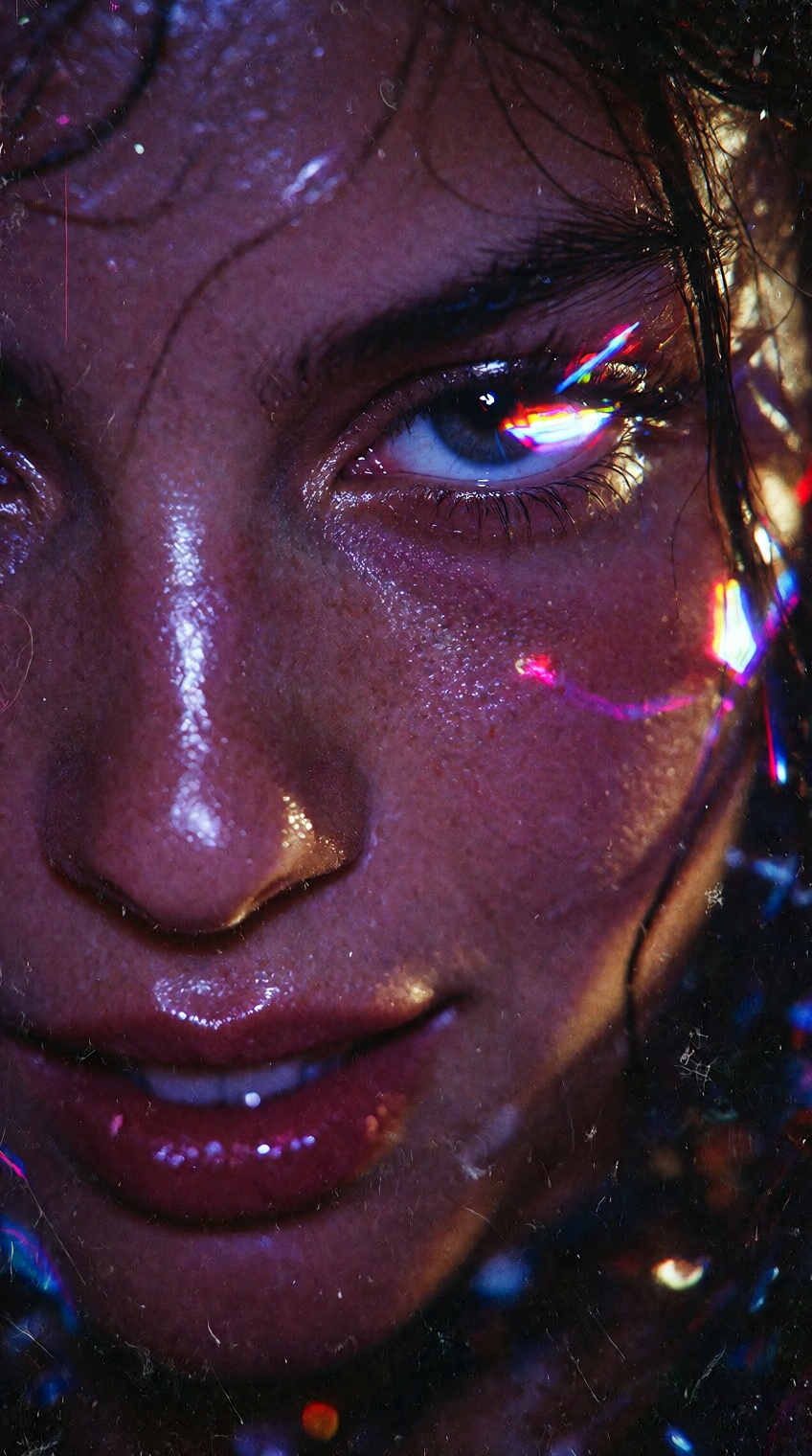 A hyper-realistic,  tightly cropped close-up of a young woman's face,  where only half of her smirking mouth and one glitc...