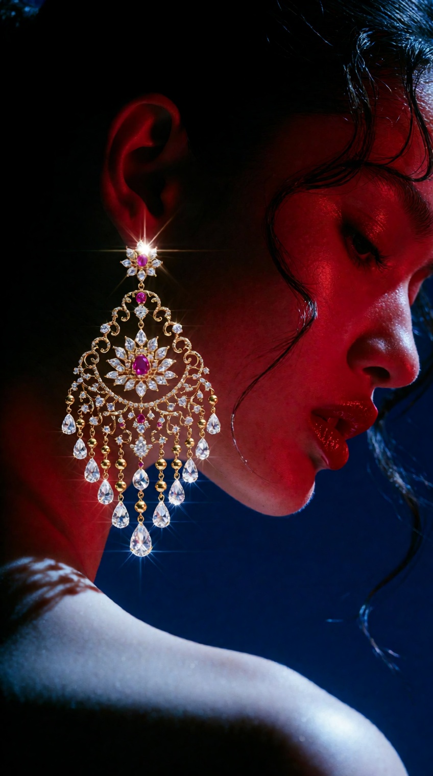 Editorial jewelry campaign portrait,  extreme close crop side profile,  woman's face and shoulder lit entirely in saturate...