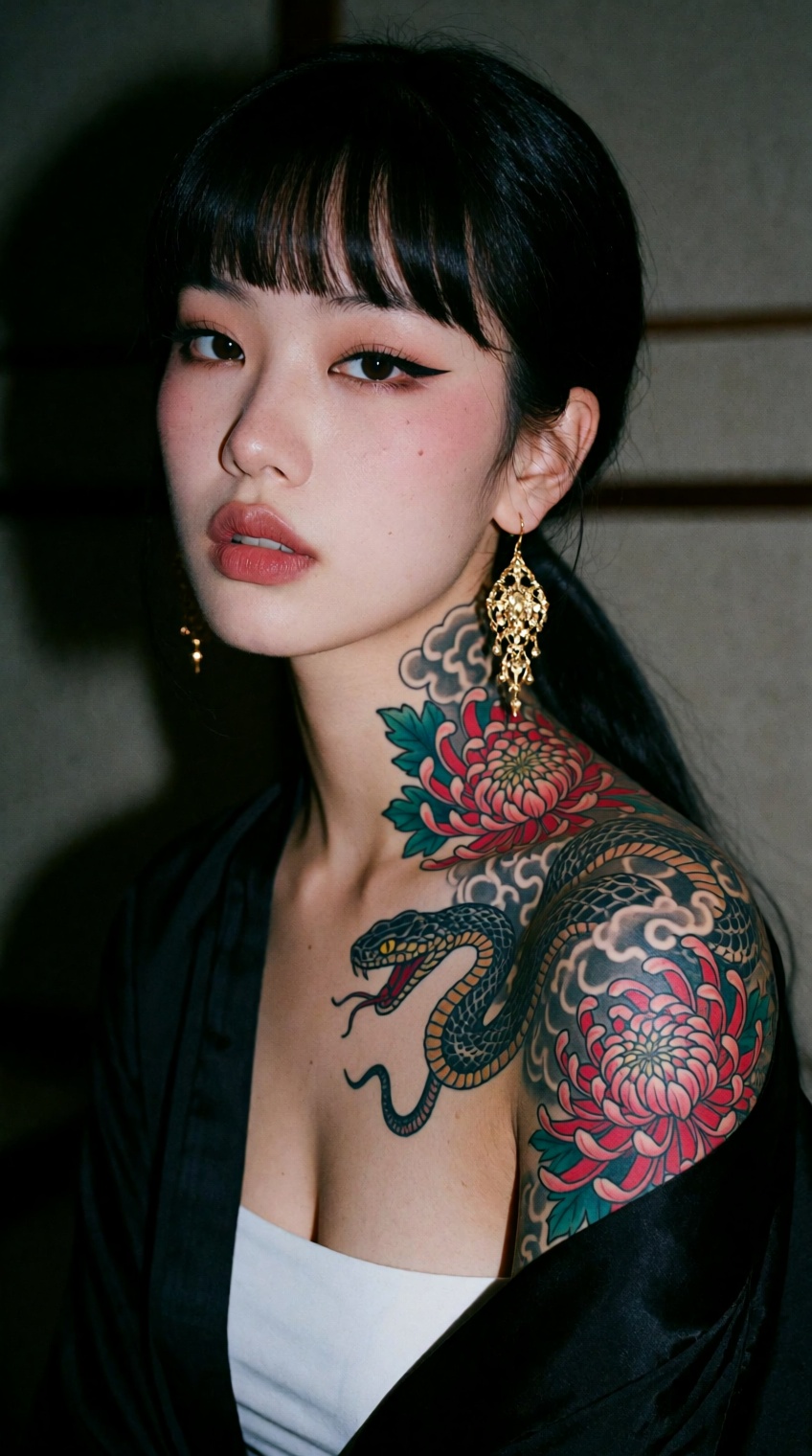 A young woman with straight black hair styled in bangs and a low ponytail gazes directly at the viewer,  her pale skin con...