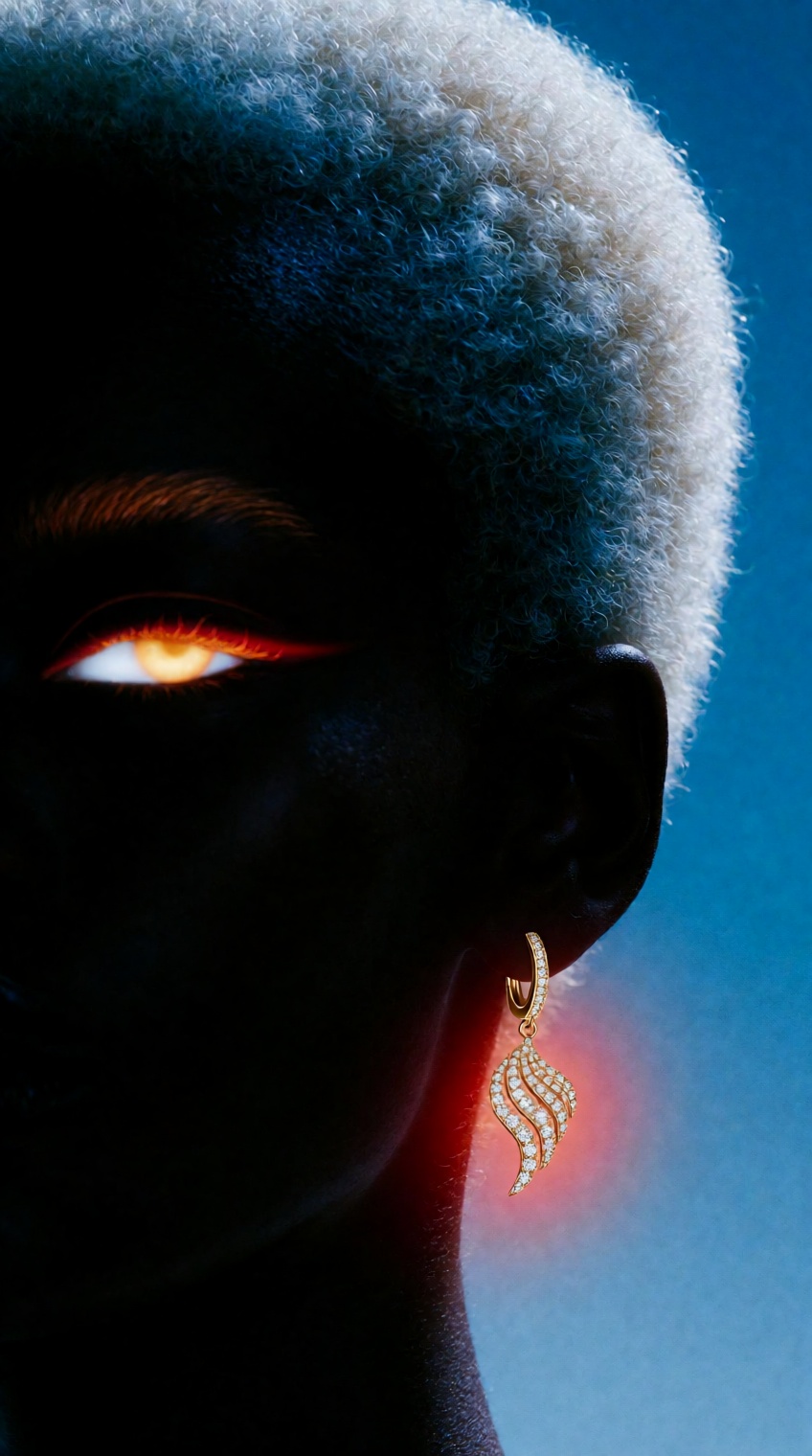Editorial jewelry campaign portrait,  extreme close crop side profile,  deep dark-skinned woman's face almost entirely in...