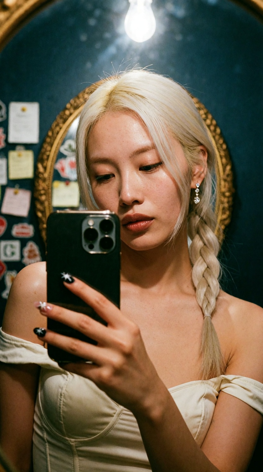 ******* phone mirror selfie snapshot,  medium close-up,  Korean woman with platinum blonde hair on Tensor.Art
