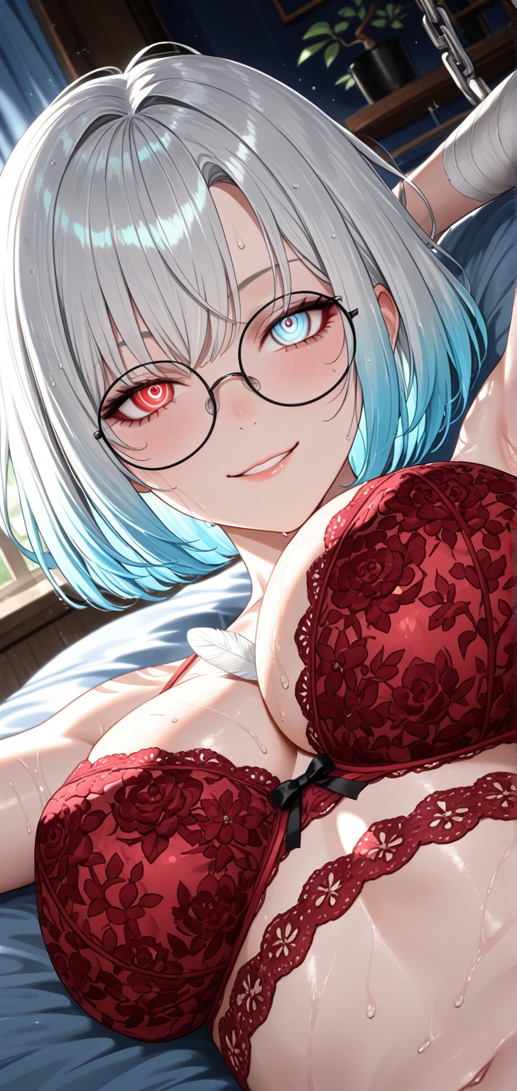 A close-up of a 1girl with silver,  messy hair and heterochromia,  multicolored eyes with vibrant irises and an intense ga...