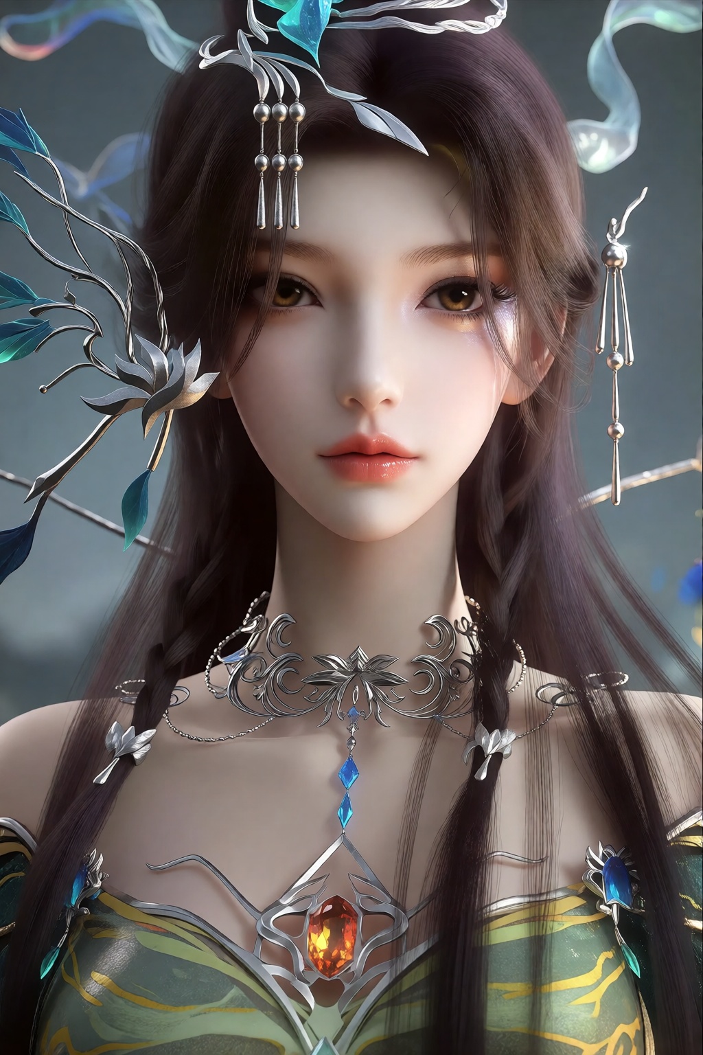 数字绘画中的一位空灵的动漫风格女性,  留着深棕色长发,  饰有金属假发和羽毛。她有一双富有表情的棕色大眼睛、精致的鼻子和丰满的粉红色嘴唇。她的皮肤苍白光滑。她戴着一条华丽的银色项圈 by 让AI更感性 on Tensor.Art