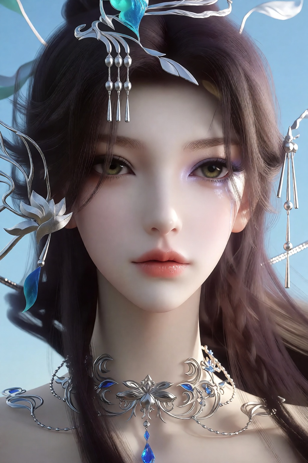 这是一幅高度细致的数字CGI 肖像,  描绘了一位具有奇幻美感的空灵女性。她拥有苍白、近乎瓷器般的皮肤和精致、对称的面部特征,  包括带有微妙粉红色调的丰满嘴唇和带有淡淡紫色眼影的富有表现力的绿色大眼睛。她的深棕色长发呈现出优雅、微风拂动的造型...