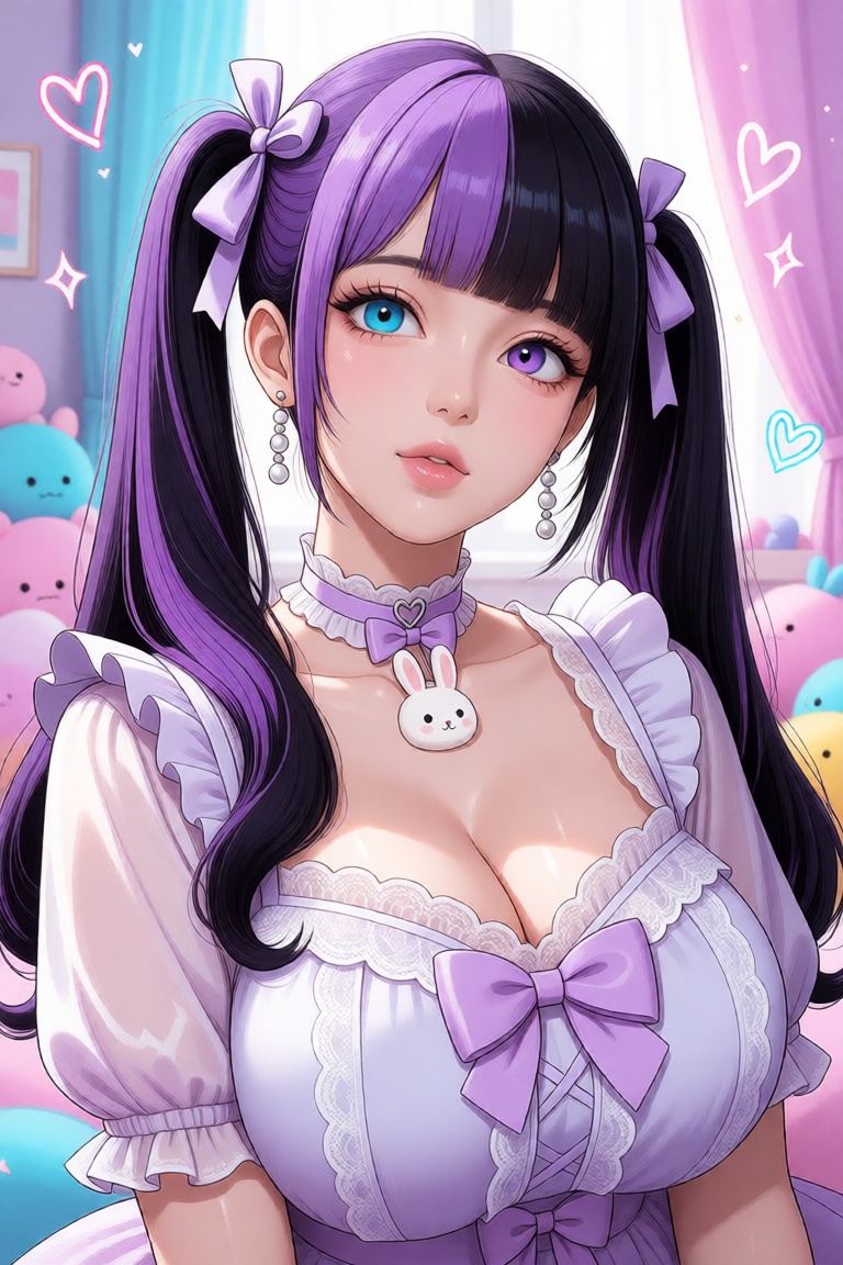 A vibrant anime illustration of a young woman with fair porcelain skin,  two toned hair,  purple and black twin tails on T...