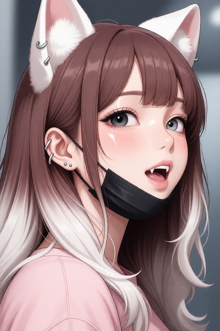 portrait of a girl with long wavy brown hair with white ends,  matching hair colour of animal ears (kemonomimi),  one eye...
