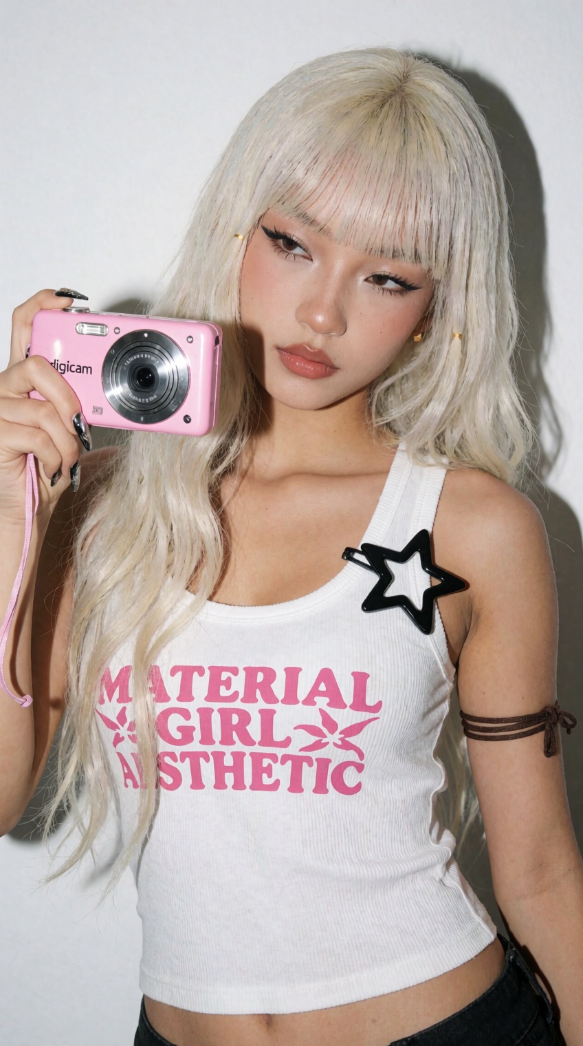 studio medium shot of a playful Asian girl with long,  wavy platinum blonde hair and bangs. She is holding a pink vintage...