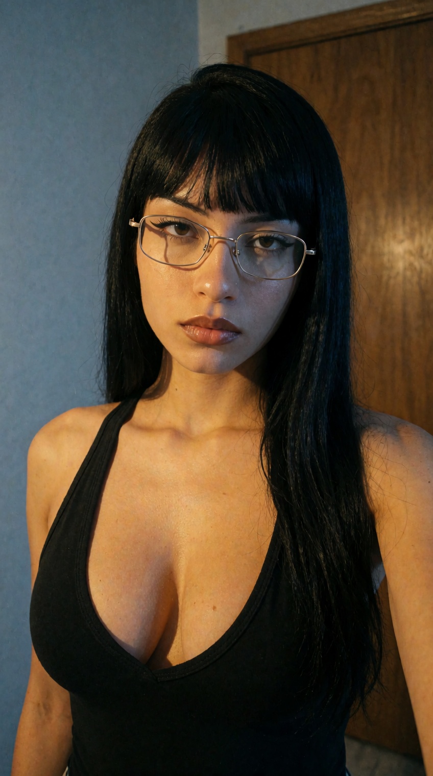******* phone selfie,  close-up shot,  woman with straight jet-black hair and blunt bangs falling just above eyebrows on T...