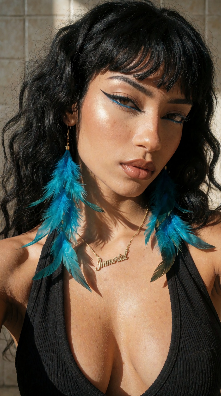 Close-up beauty selfie,  warm harsh directional sunlight,  woman with wavy dark voluminous hair and blunt fringe cut strai...