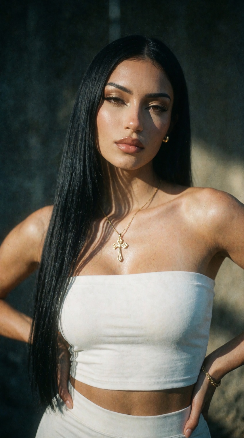 Grainy retro film photo,  medium shot,  woman with long sleek jet-black hair parted center on Tensor.Art