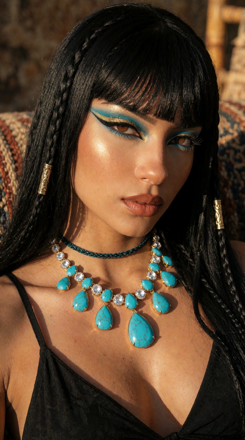 Close-up beauty portrait,  warm angled sunlight,  woman with straight jet-black hair and a blunt heavy fringe cut straight...