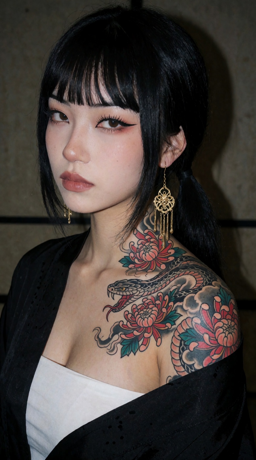 A young woman with straight black hair styled in bangs and a low ponytail gazes directly at the viewer,  her pale skin con...