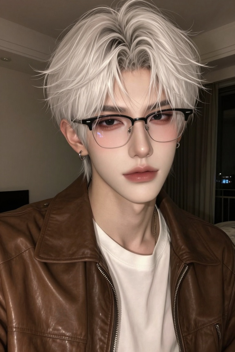 ((1 young man)) A handsome and mature-looking young man with short,  slightly messy white hair featuring a naturally damp,...