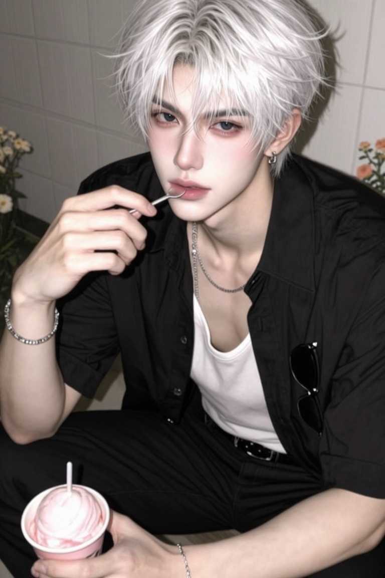 ((1 young man)) A handsome and mature-looking young man with short,  slightly messy white hair featuring a naturally damp,...