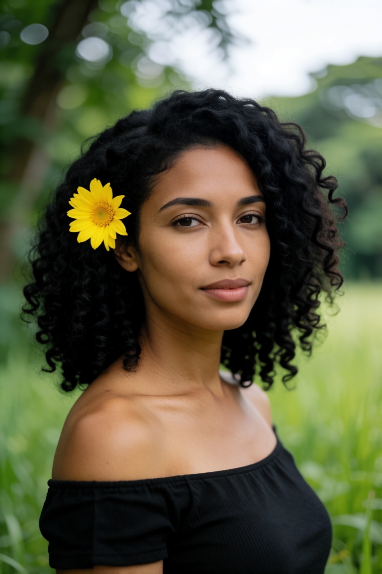 A medium close-up portrait of a woman with voluminous black curly hair,  adorned with a single bright yellow flower tucked...