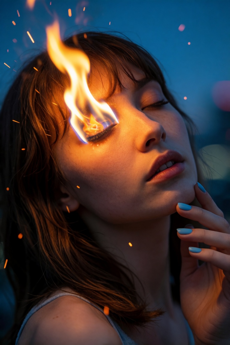 A striking,  intimate close-up photograph of a young woman with shoulder-length brown hair and bangs,  eyes gently closed...